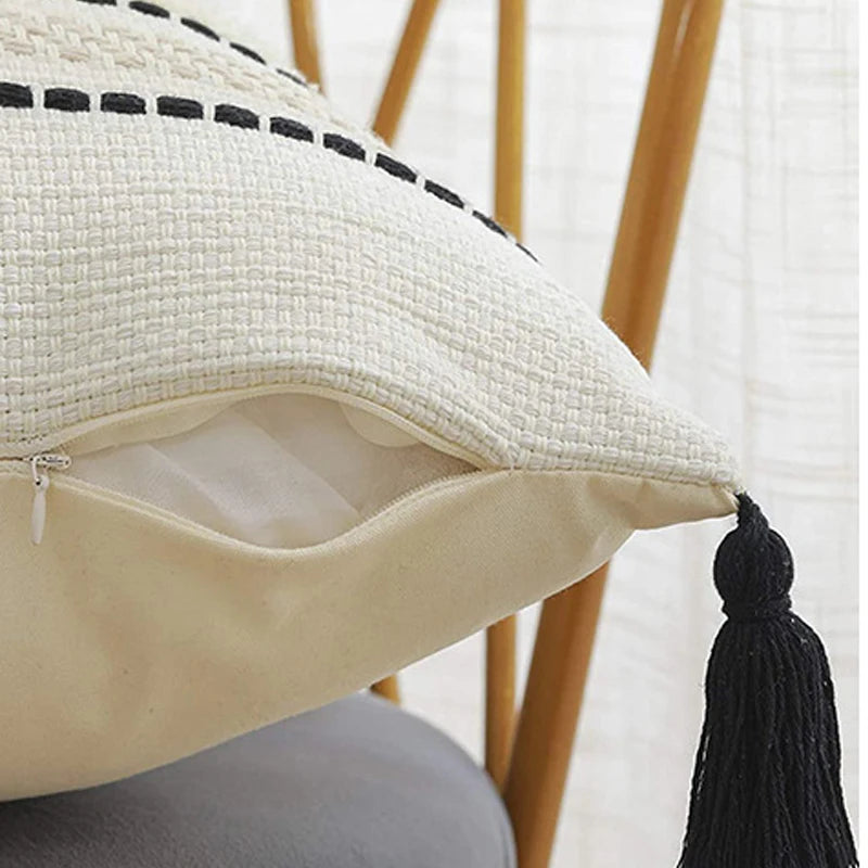 Elegant Black and White Cushion Cover 18x18 with Woven Tassels