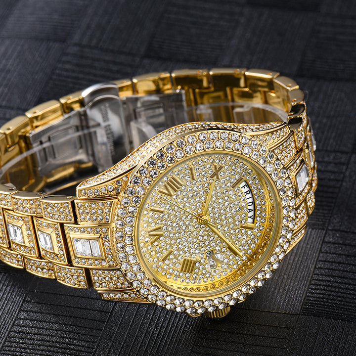 Outside The Watch Fashionable High-end Double Calendar Business Full Diamond Quartz