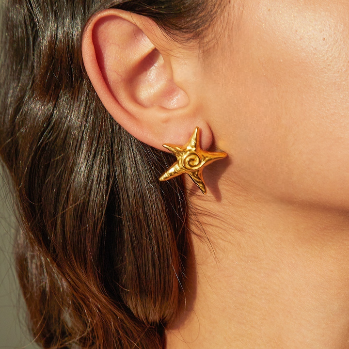 18K Gold Plated Stainless Steel Star Spiral Stud Earrings - Waterproof, Vintage-Inspired Chic