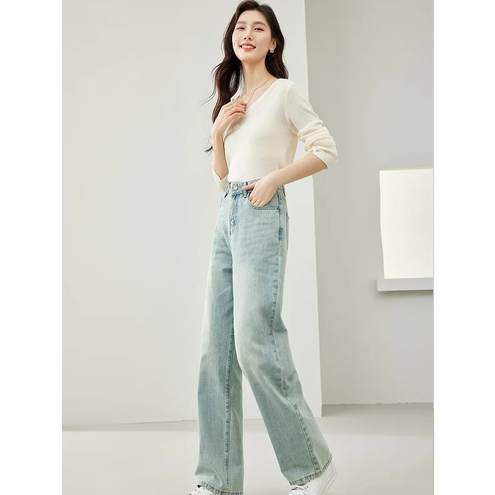 High Waist Wide Leg Denim Pants for Women - Retro Light Blue Casual Trousers