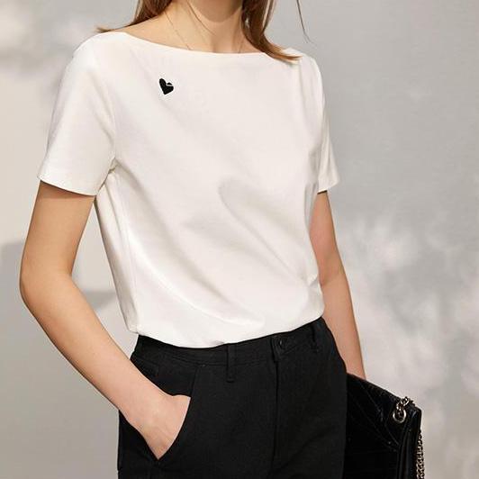 Minimalist Office Lady Slash Neck Loose Embroidery Top