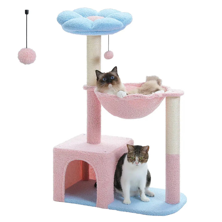 Cute Flower Cat Tree with Condo, Hammock & Sisal Scratching Posts for Indoor Kittens