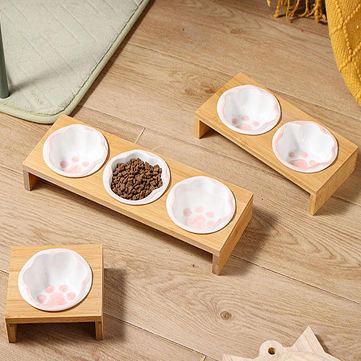 Cartoon Paw Design Raised Pet Bowls with Wooden Stand