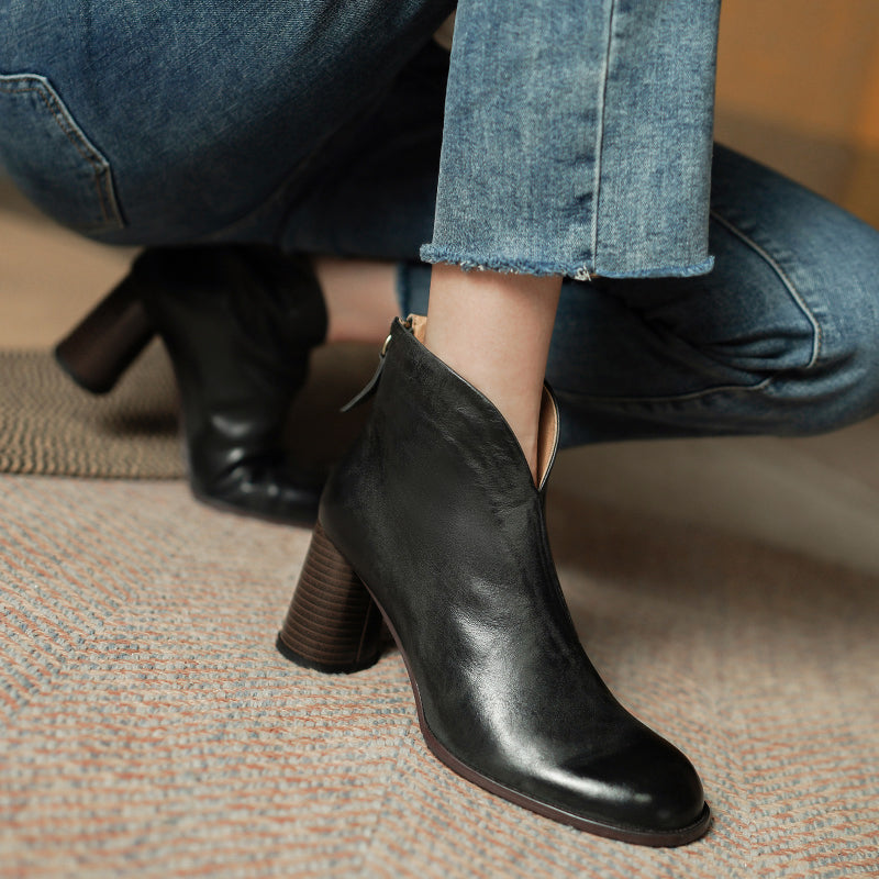 Stylish Cowhide Ankle Boots with Buckle and Thick Heel