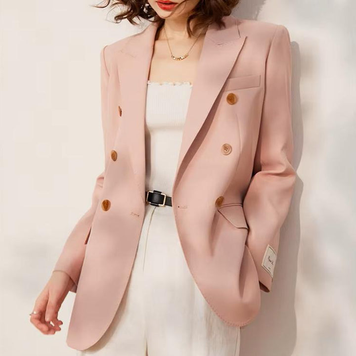 Spring Pink Double Breasted Blazer for Women - Stylish Office Suit Jacket