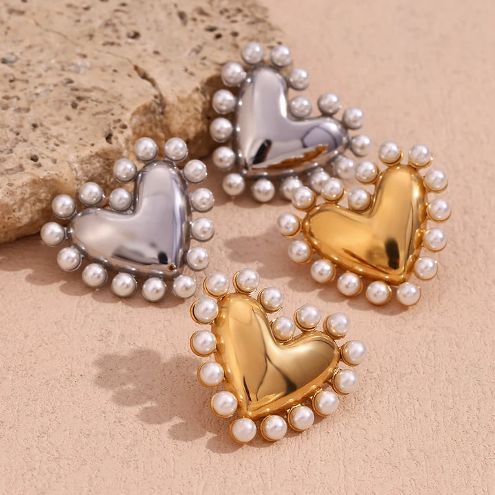 18K Gold Plated Pearl Heart Hoop Earrings - Hypoallergenic Stainless Steel