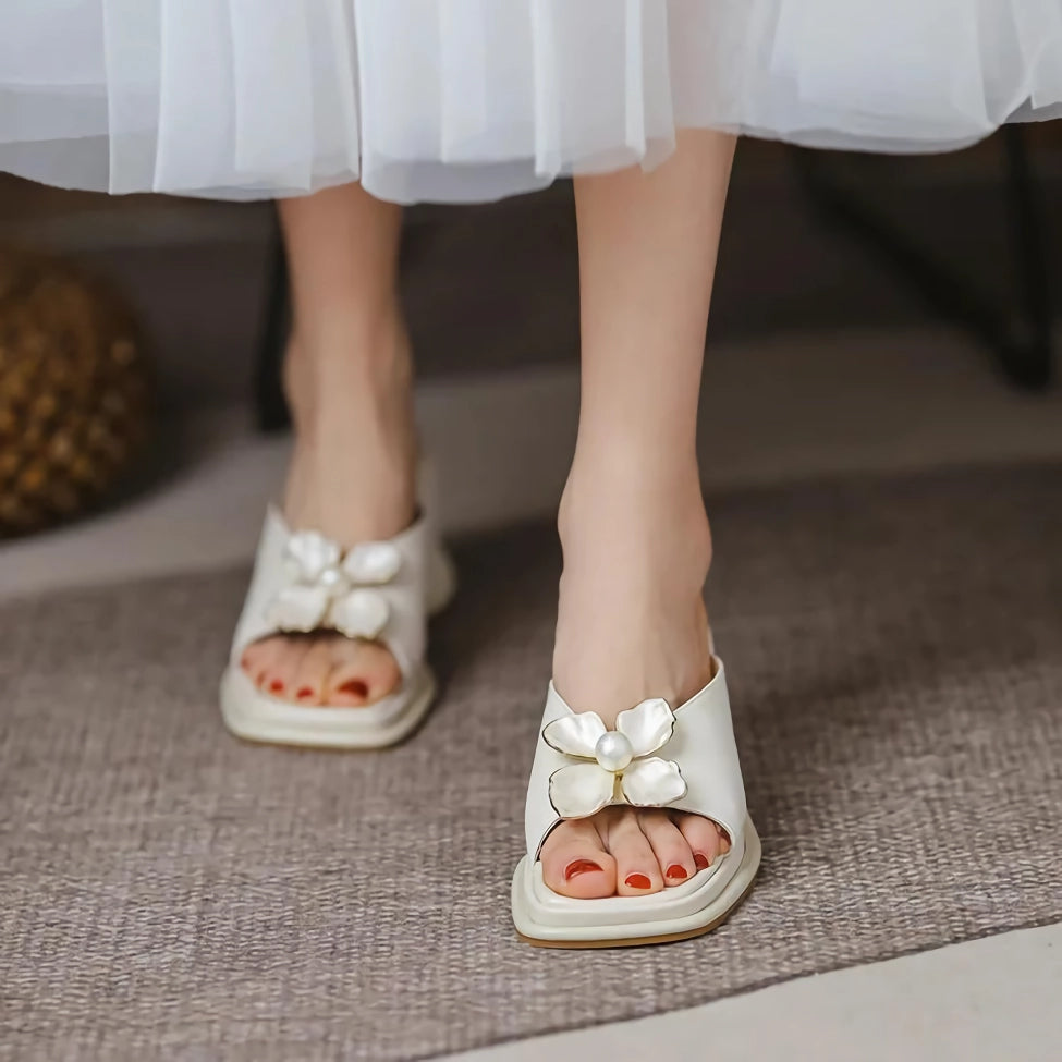 Elegant Pearl Flower High Heel Wedge Slides