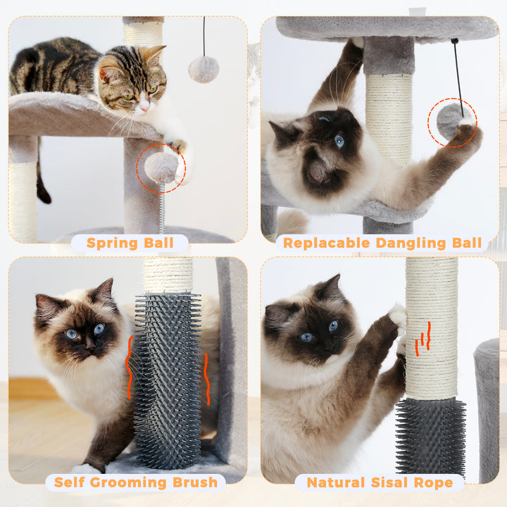 Cat Tree Condo with Self-Grooming Brush & Scratching Post for Active Kittens and Cats