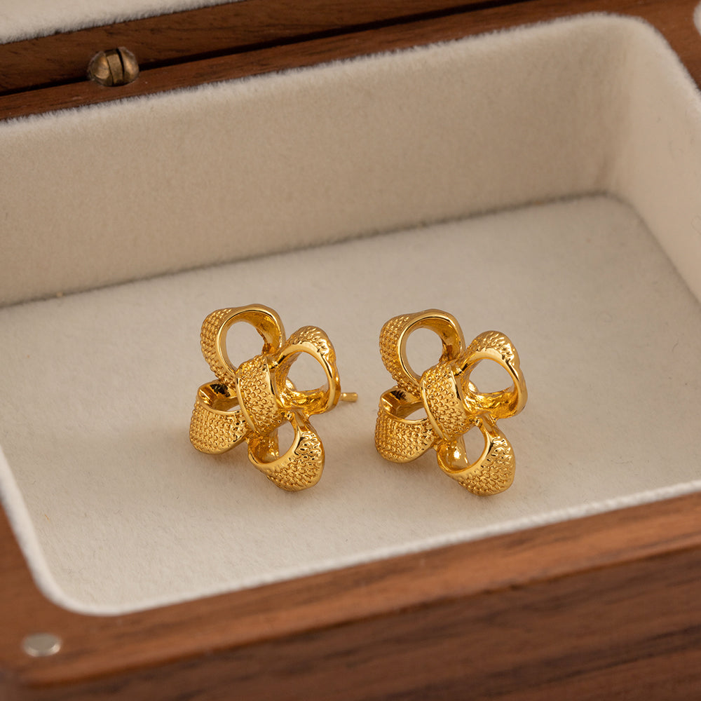 18K Gold Plated Flower Bow Earrings – Stainless Steel, Rust-Proof, Light and Elegant