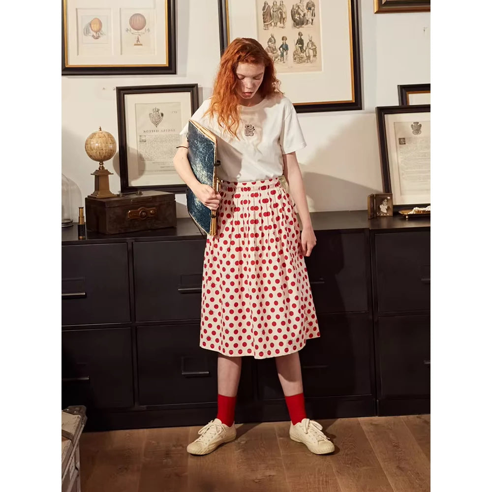 Women's Polka Dot A-line Cotton Skirt with Elastic Waist and Button Decoration