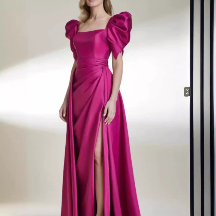 Rose Red Satin Slit Evening Dress