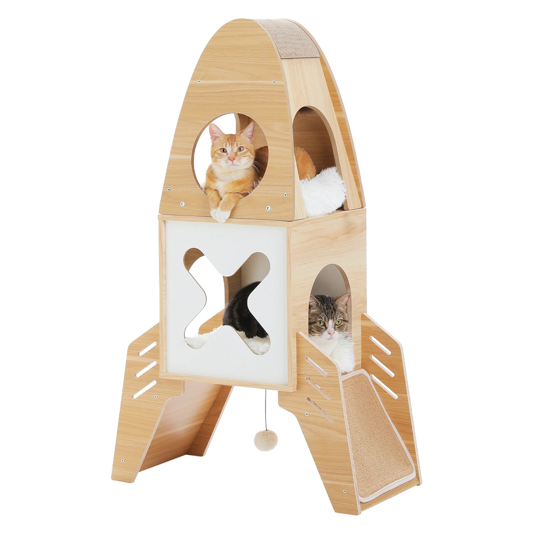 Modern Rocket-Shaped Cat Tree with Condos, Dangling Balls & Sisal Scratching Pads