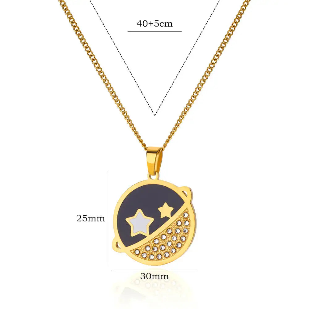 Gold Celestial Star & Planet Pendant Necklace - Trendy Stainless Steel Jewelry