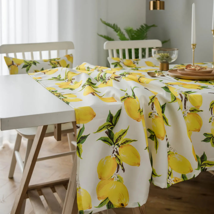 Lemon Print Yellow Polyester Tablecloth & Cushion Cover