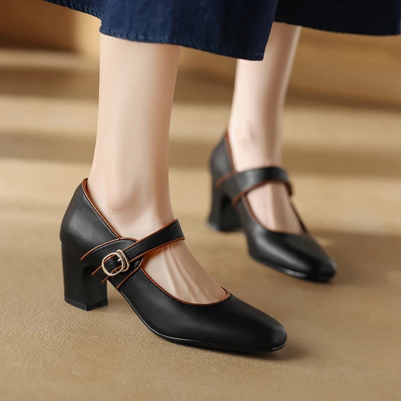 Elegant Genuine Leather Mary Jane Heels for Women