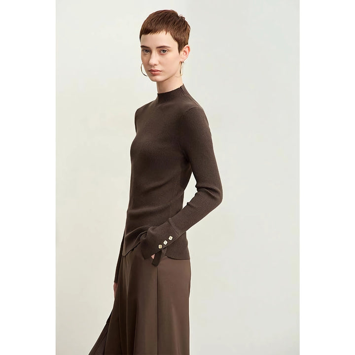 Minimalist Mock Neck Sweater with Slit Cuffs and Metal Buckle