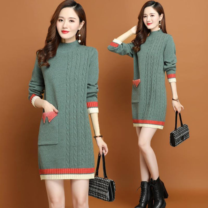 Mid-length Loose Casual Thickening Half Turtleneck Underwear Knitted Dress