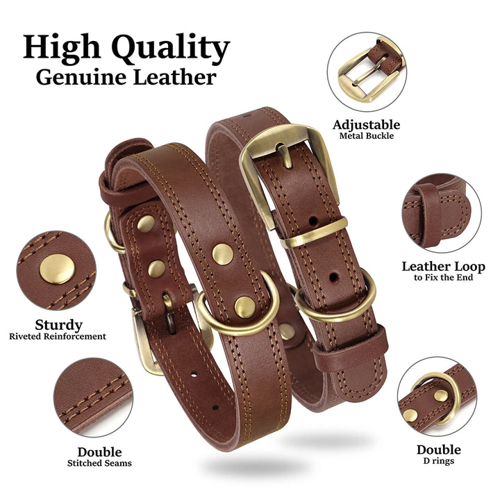 Adjustable Real Leather Dog Collar for Medium to Large Dogs