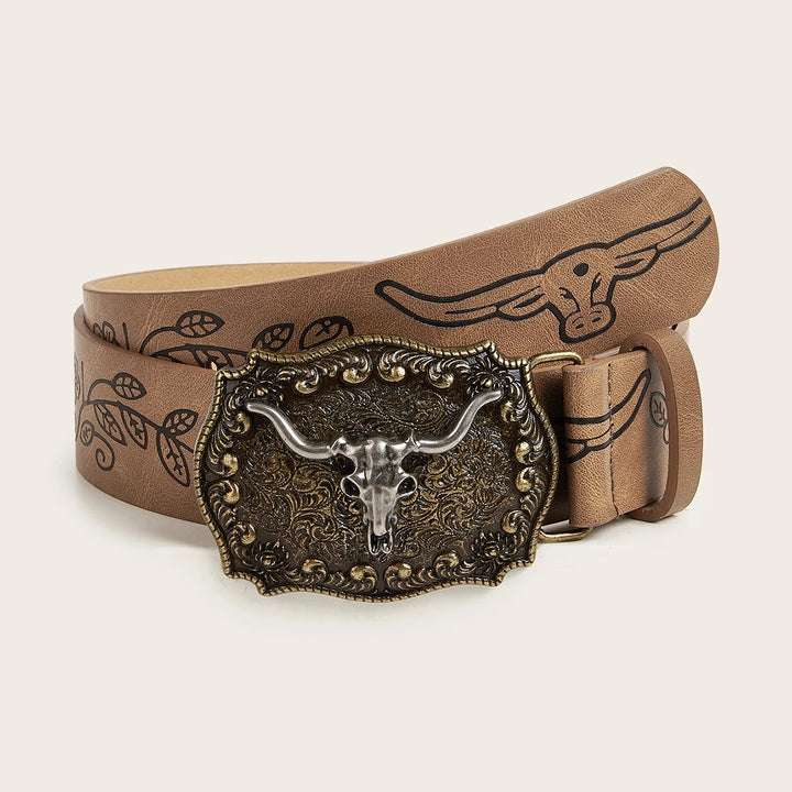 Vintage Western Cowboy Buckle Printed PU Leather Belt