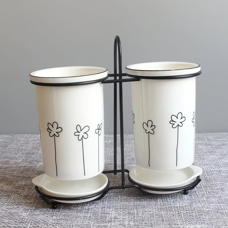 Ceramic Chopsticks and Utensil Storage Set with Drainage Rack