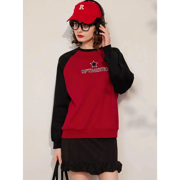 Sweatshirt Round Neck Long Sleeve Embroidered Loose Fit Pullover Top