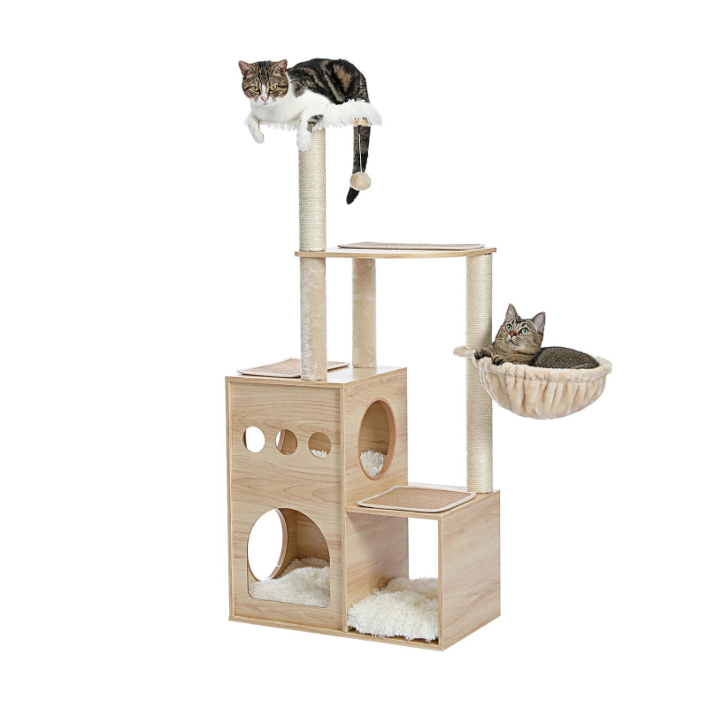 Wooden Cat Tree with Sisal Scratching Posts, Cozy Condo & Hammock