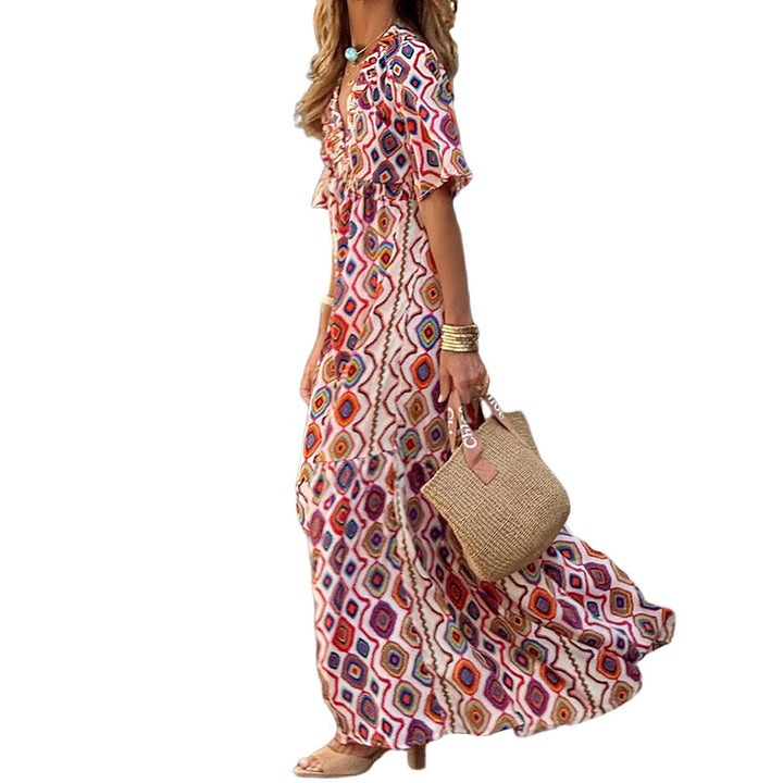 Fashion Printed V-neck Bohemian Mid-length Dress