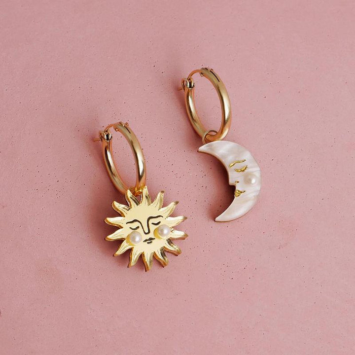 18K Gold Plated Sun & Moon Shell Pearl Hoop Earrings - Waterproof Stainless Steel