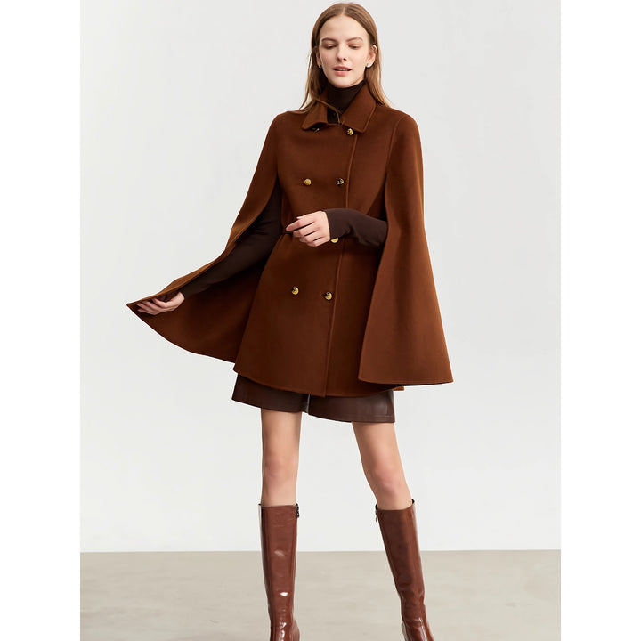 Women's Vintage Wool Cashmere Cape Coat with Leather Belt