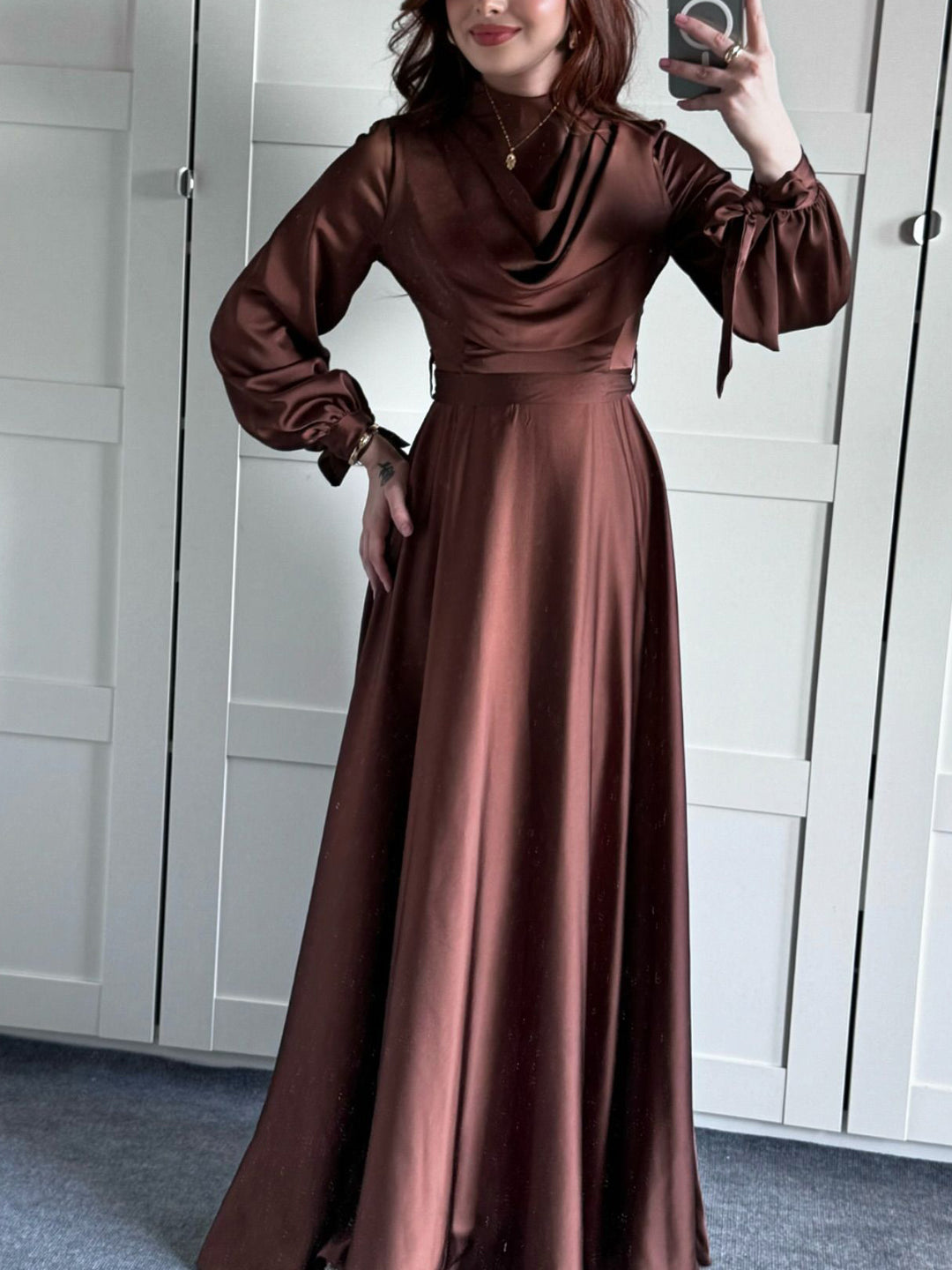 Satin Plunge Collar Long-Sleeve Strappy Maxi Dress