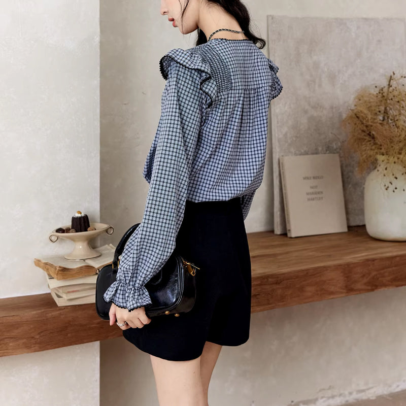 Plaid Ruffle Sleeve V-Neck Blouse