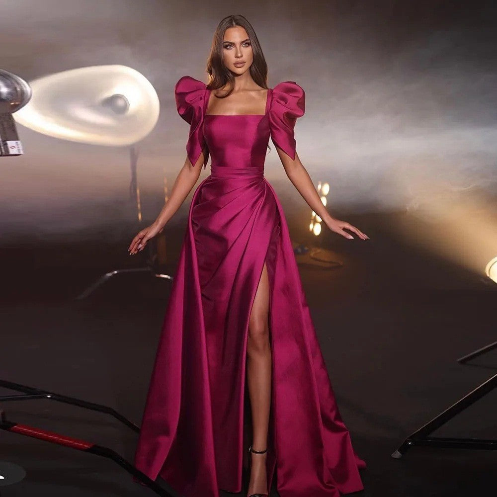 Rose Red Satin Slit Evening Dress