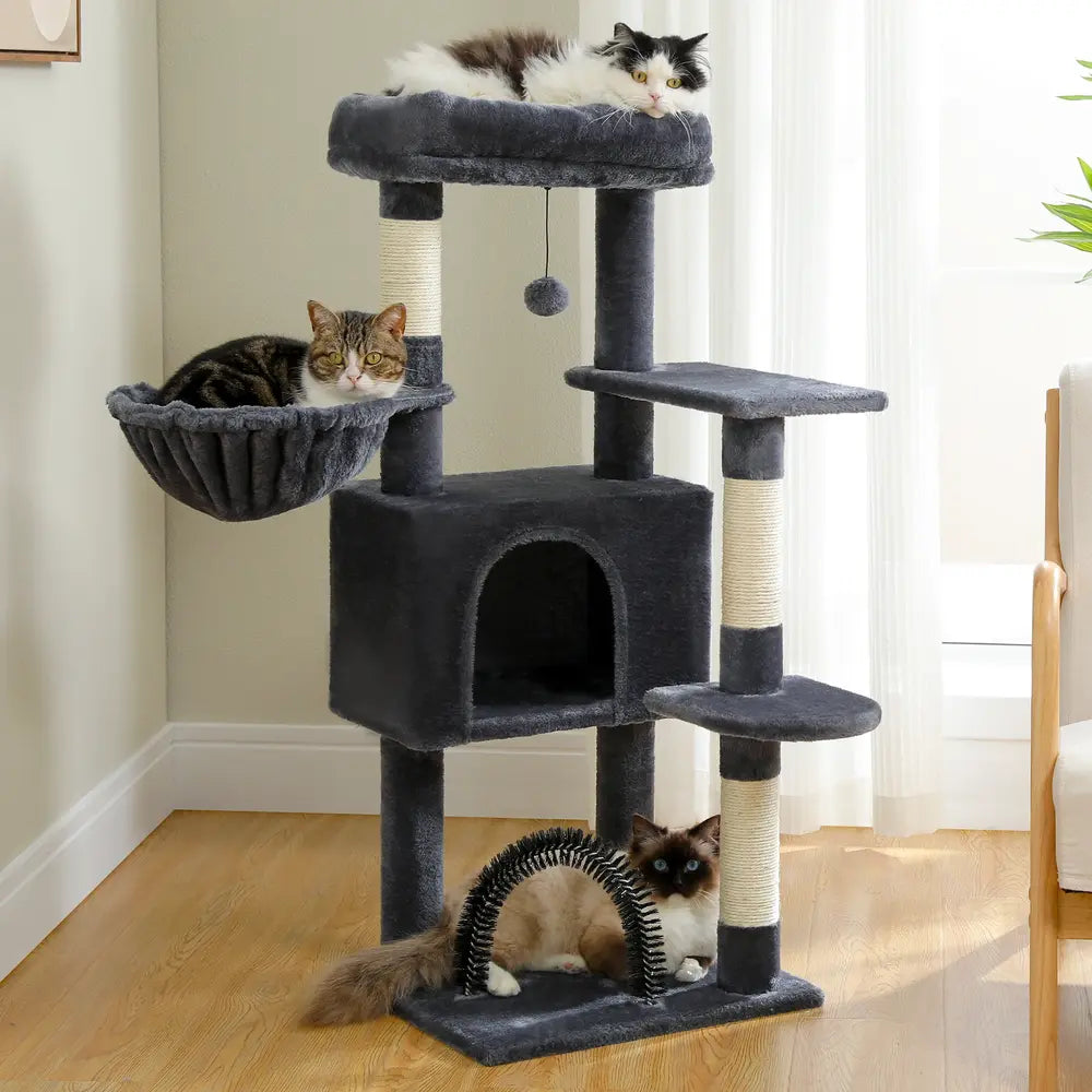 120CM Cat Tree Condo with Self-Grooming Brush, Scratching Post, Perch House, and Hanging Ball Toy