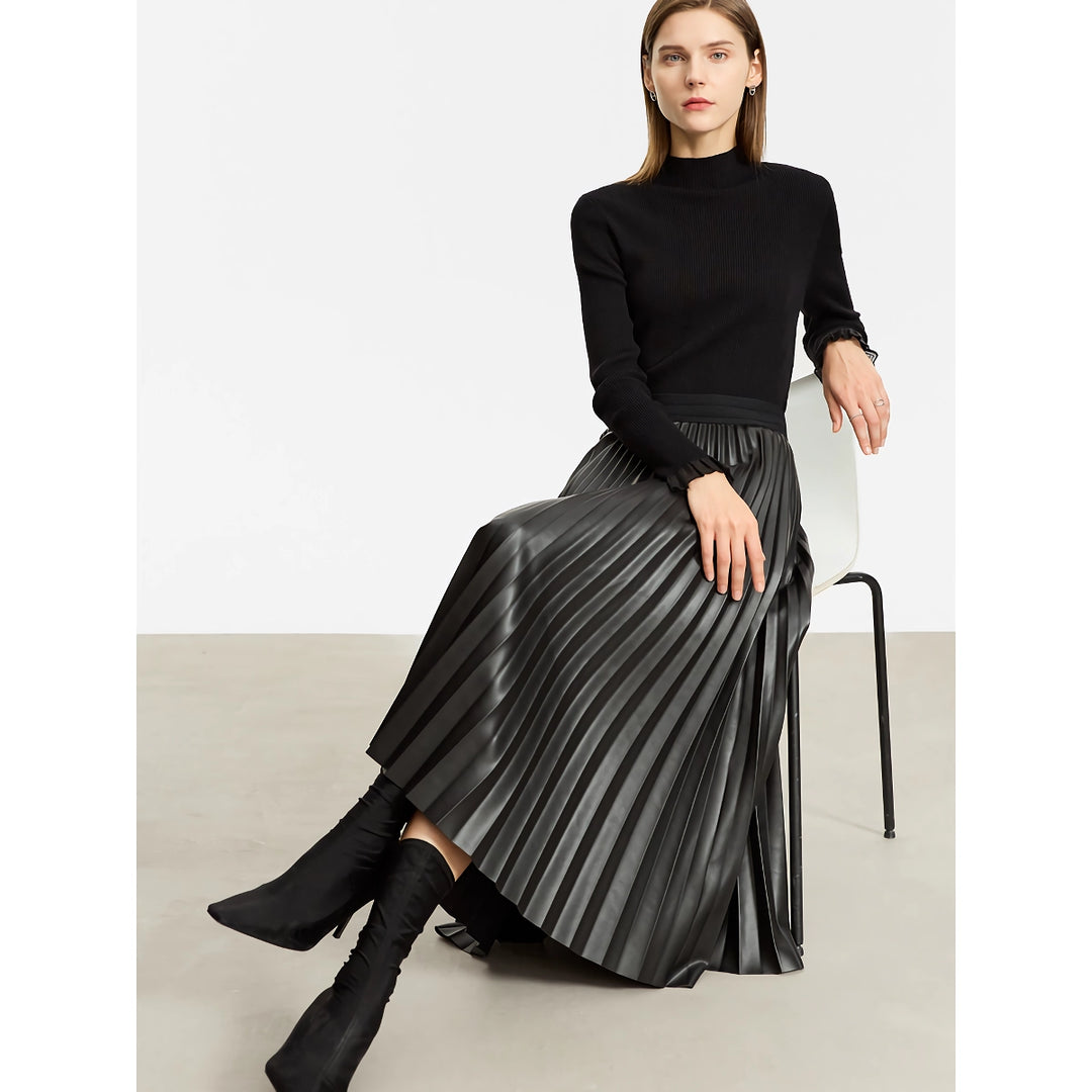 Minimalist A-Line Pleated Leather Skirt for Women