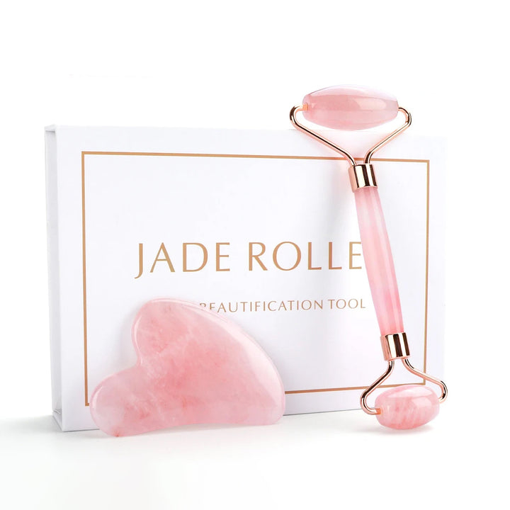 Natural Rose Quartz Jade Roller & Gua Sha Set