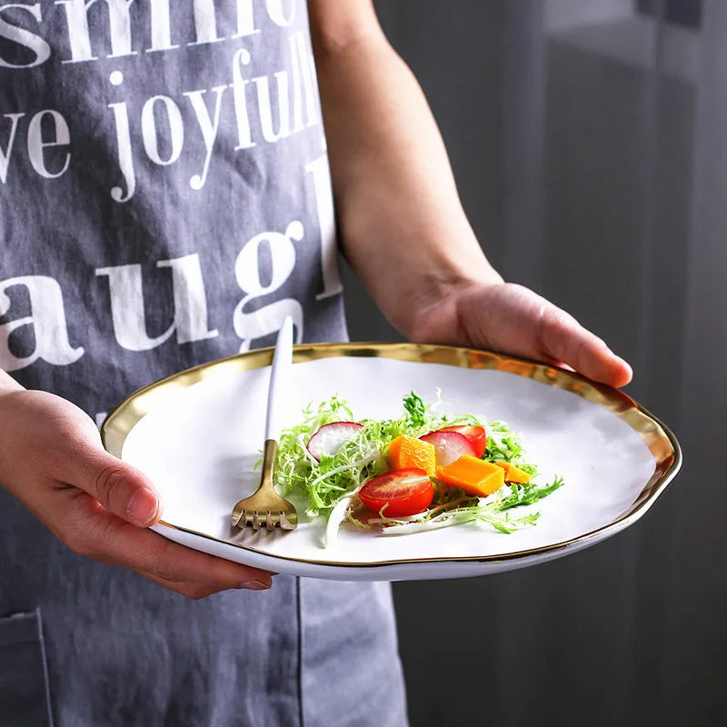 Elegant Ceramic Beef Platter with Gold Edge