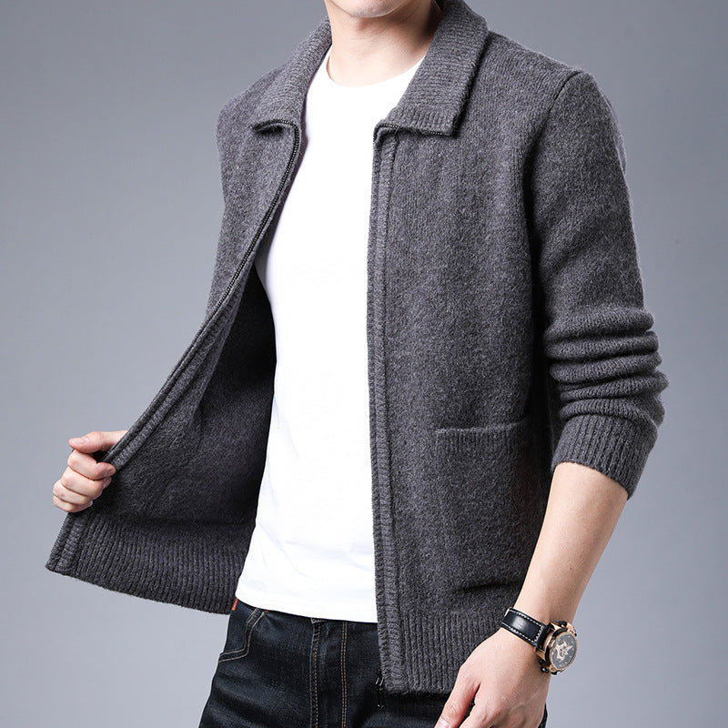 Men's Zipper Knitted Alpaca Fleecefiber Lapel Casual Jacket