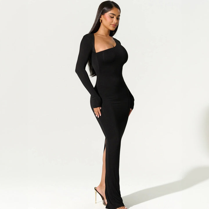 Sexy Black Asymmetrical Slit Maxi Dress