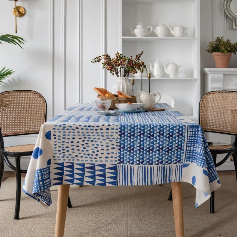 Geometric Blue Patchwork Cotton-Linen Tablecloth