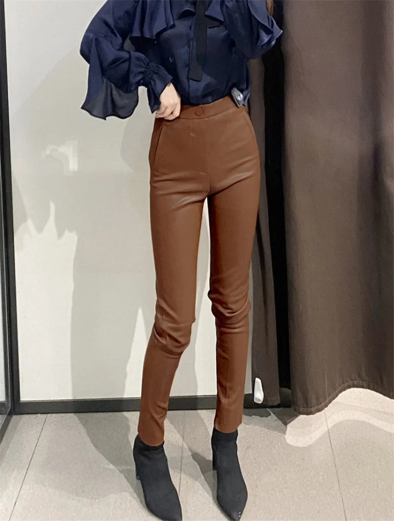 Women's split leg trousers all-match leather pants