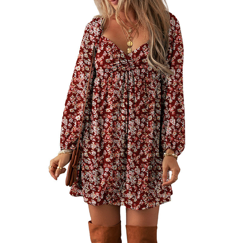 European And American Fashion Floral Print Long Sleeve Dress