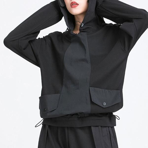 Women's Black Drawstring Hooded T-shirt with Pocket