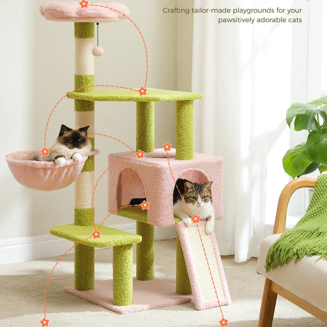 47-Inch Flower Cat Tree Multi-Level Tower with Sisal Scratching Posts and Cozy Perch for Indoor Cats