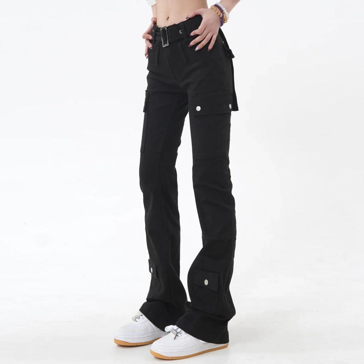 Slim Black Flare Pants: American Style Solid Color Chic Buttons Women's Jeans