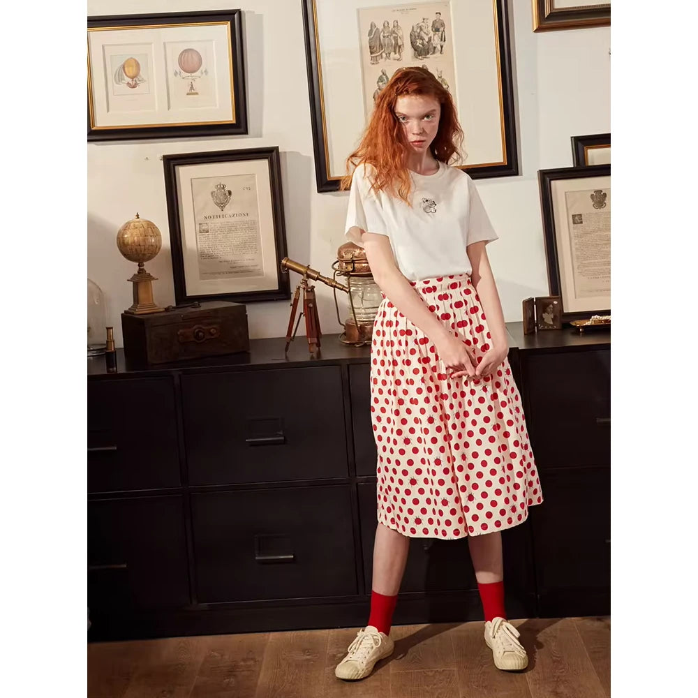 Women's Polka Dot A-line Cotton Skirt with Elastic Waist and Button Decoration