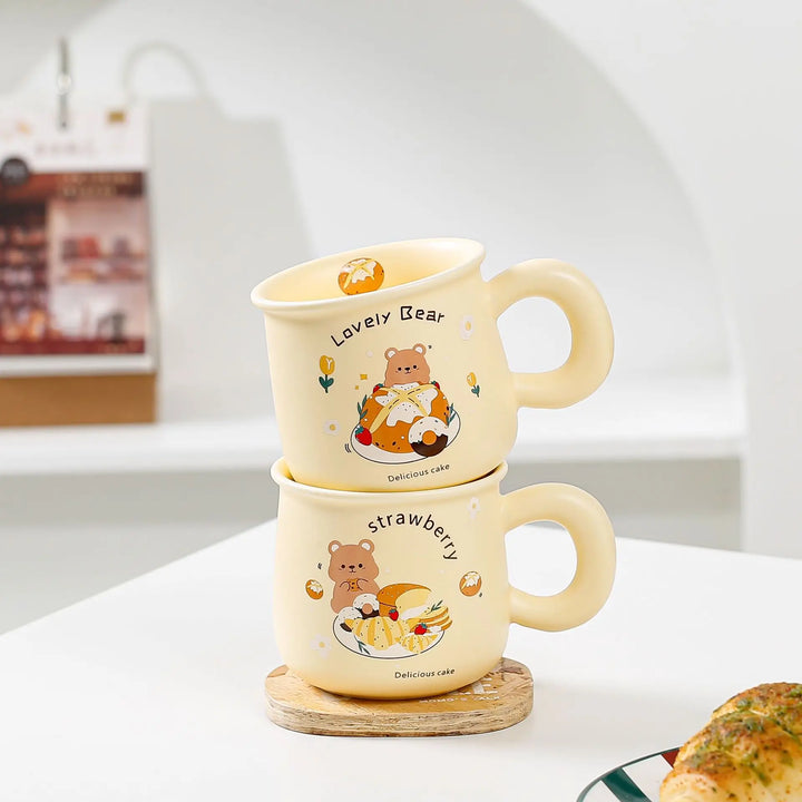 Cute Beige Bear Ceramic Coffee & Milk Mug – Adorable Cartoon Design for Office & Dormitory