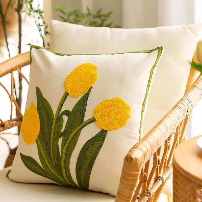 Floral Embroidered Tulip & Orchid Cushion Cover