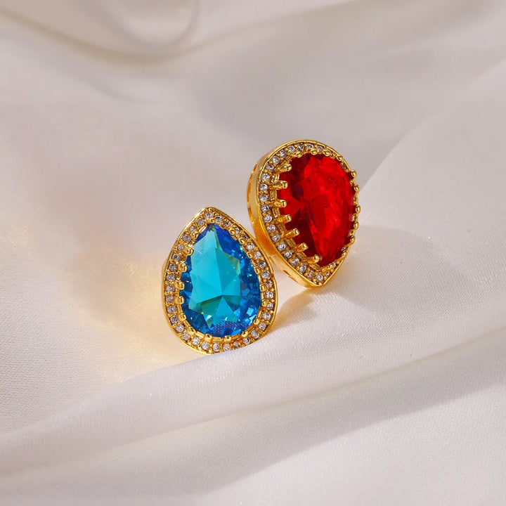 Luxury Water Drop Zircon Rings for Women - Red Blue Cubic Zirconia Stainless Steel Band