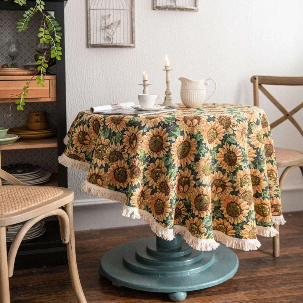 Elegant American Jacquard Sunflower Round Tablecloth