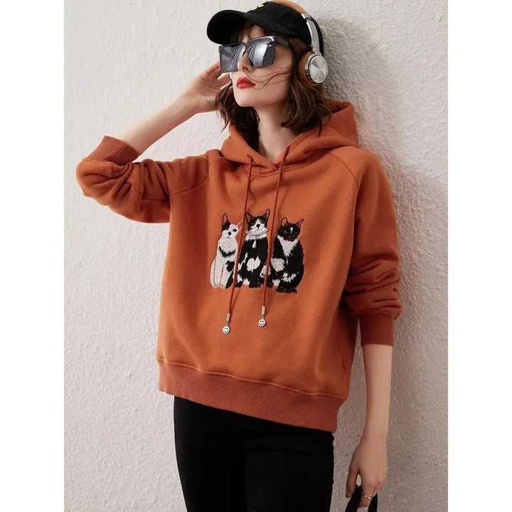 Plush Cat Embroidery Hooded Pullover Top